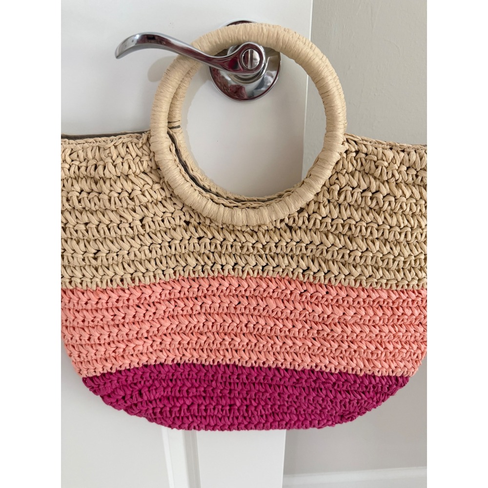 Talbots Straw Colorblock Tote Bag Beige Pink Magenta Ring Handle Summer Purse